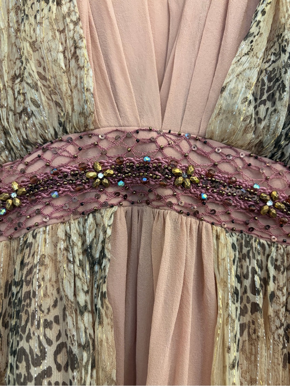 Kay Unger Blush/Gold‎ Beaded Silk Metallic Chiffon Goddess Gown Altered to Sz 4 - Picture 3 of 12